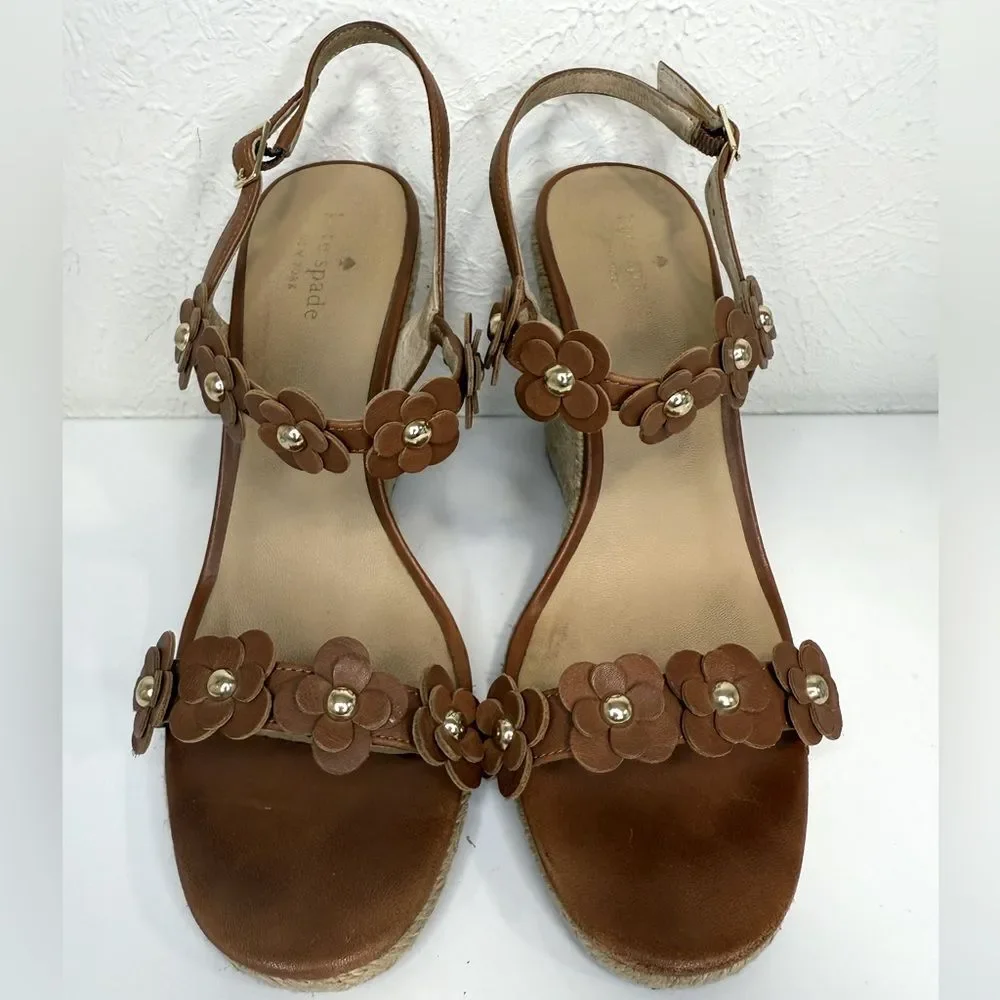 Kate Spade Tan Floral Espadrille Wedge Sandals Women’s Size 9 VGUC